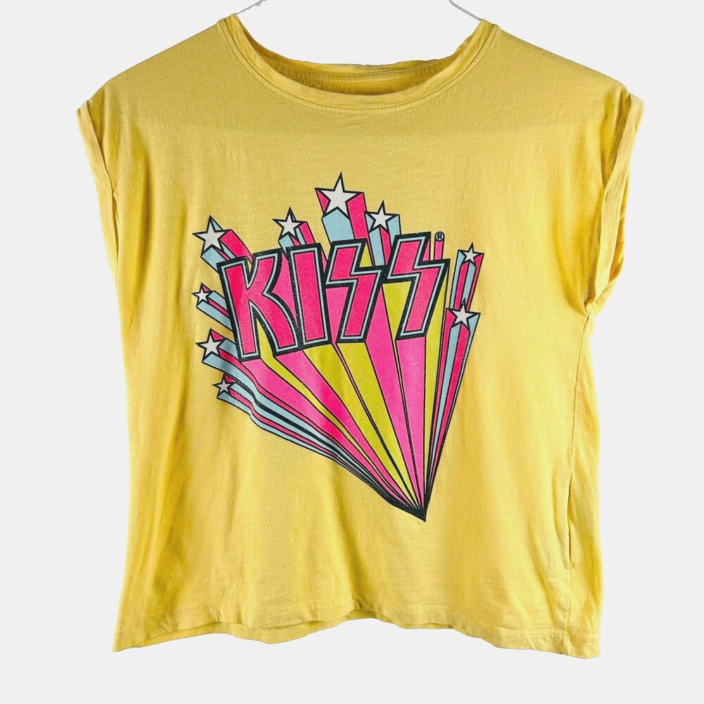 KISS Band Graphic Crop T-Shirt Girls Size 15 16 Yellow Short Rolled Sleeve